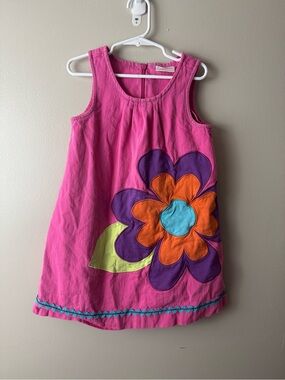 Girls Hanna Andersson Pink Tank Dress with Colorful Flower Appliqué Size 5/6
